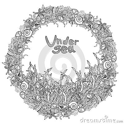 Sea garland monochrome doodle style decoration frame. Vector Illustration